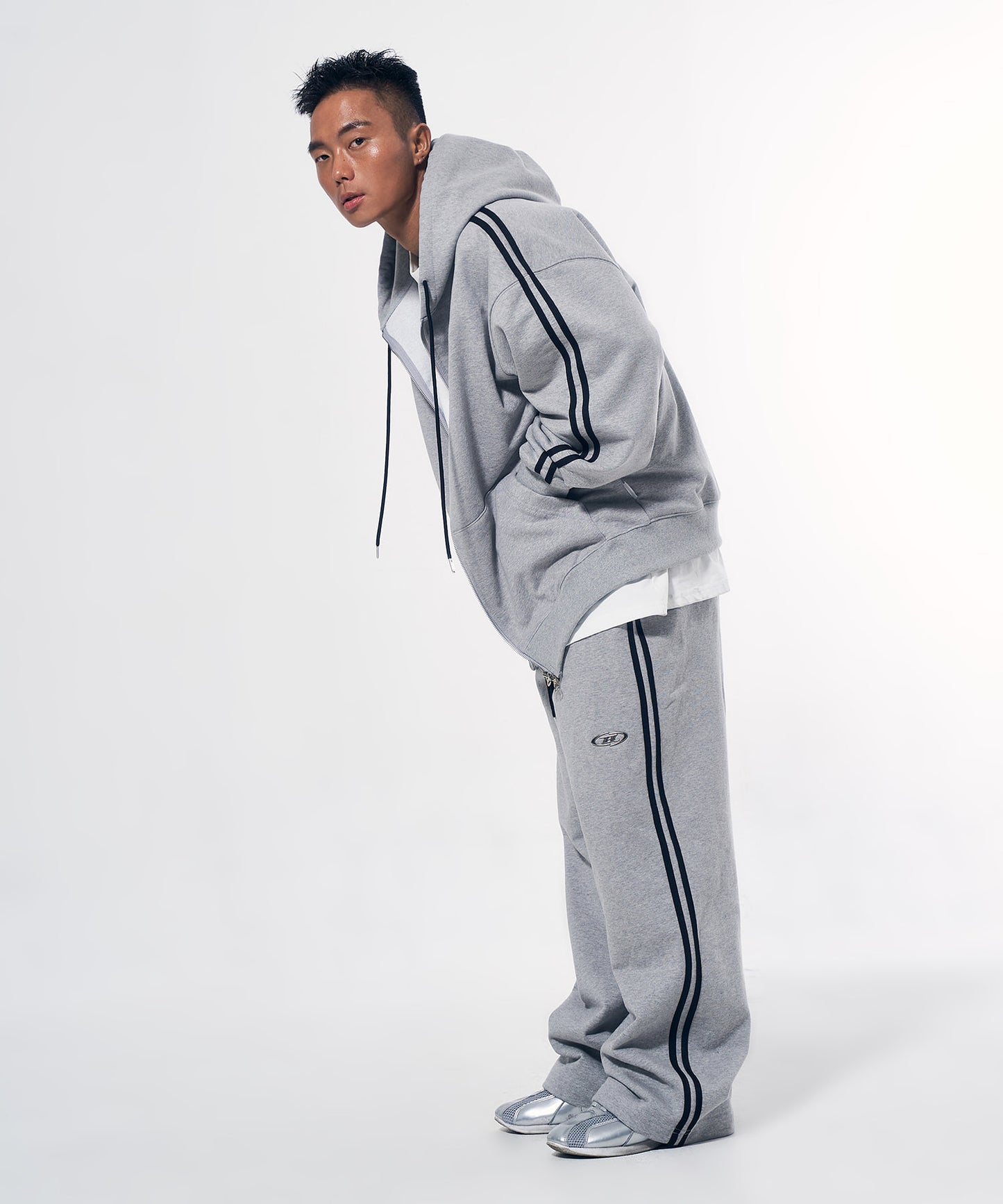 BIG CHROME B LOGO TRACK LINE ZIP-UP HOODIE [MELANGE GREY]