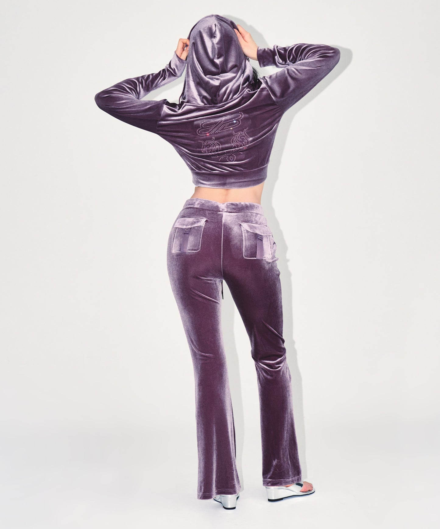 W DOUBLE B VELVET CROP HOODIE ZIP-UP [ASH PURPLE]