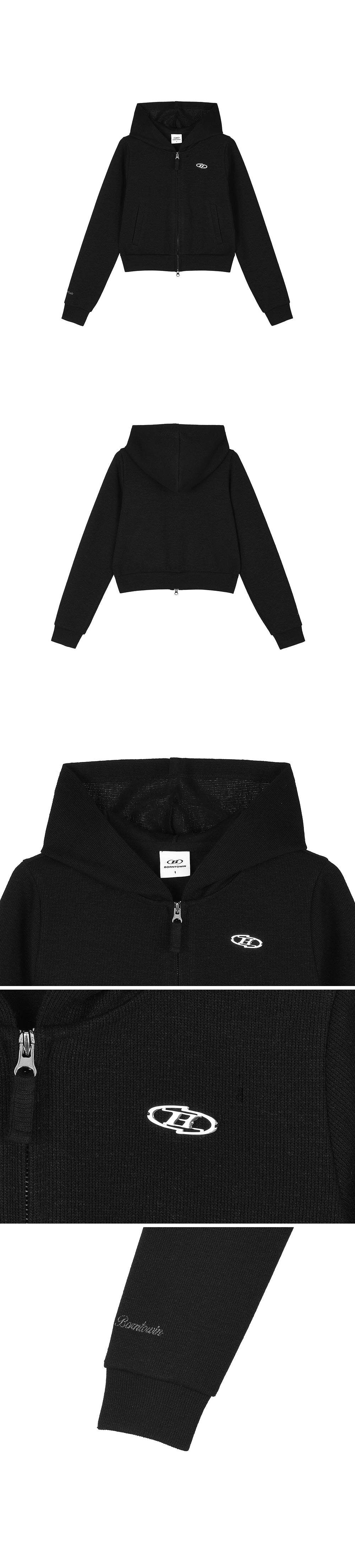 W KNIT LIKE SEMI CROP HOODIE ZIP-UP [BLACK]