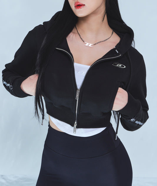 CHROME B BLACK LINE CROP ZIP-UP HOODIE [BLACK]