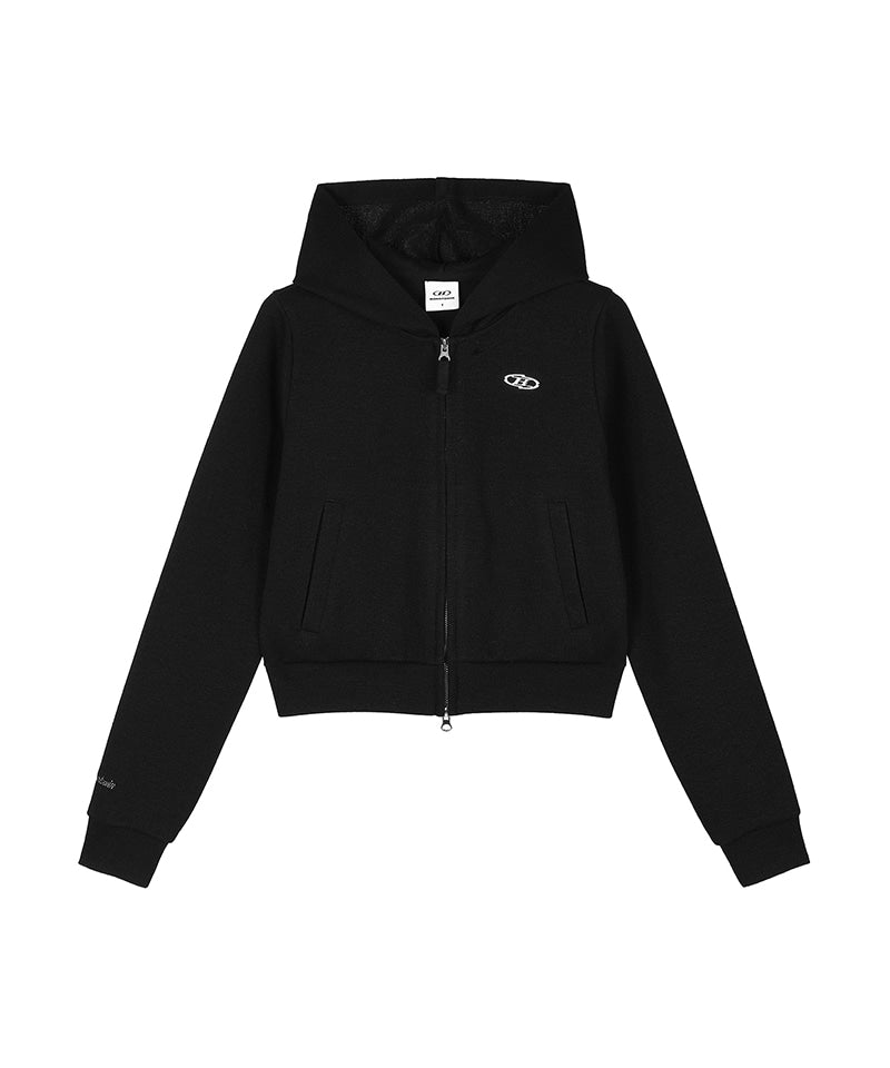 W KNIT LIKE SEMI CROP HOODIE ZIP-UP [BLACK]