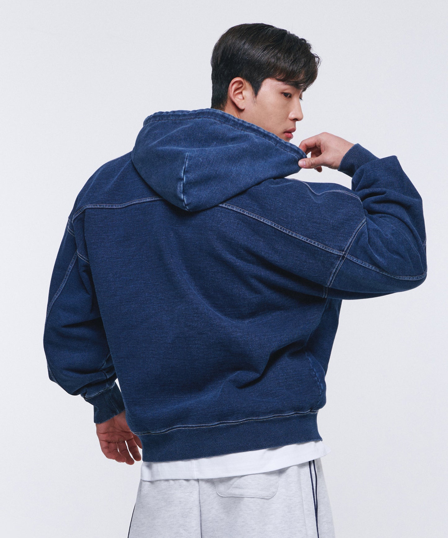 DENIM LIKE HOODIE ZIP-UP [MID DENIM]