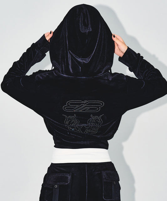 W DOUBLE B VELVET CROP HOODIE ZIP-UP [BLACK]