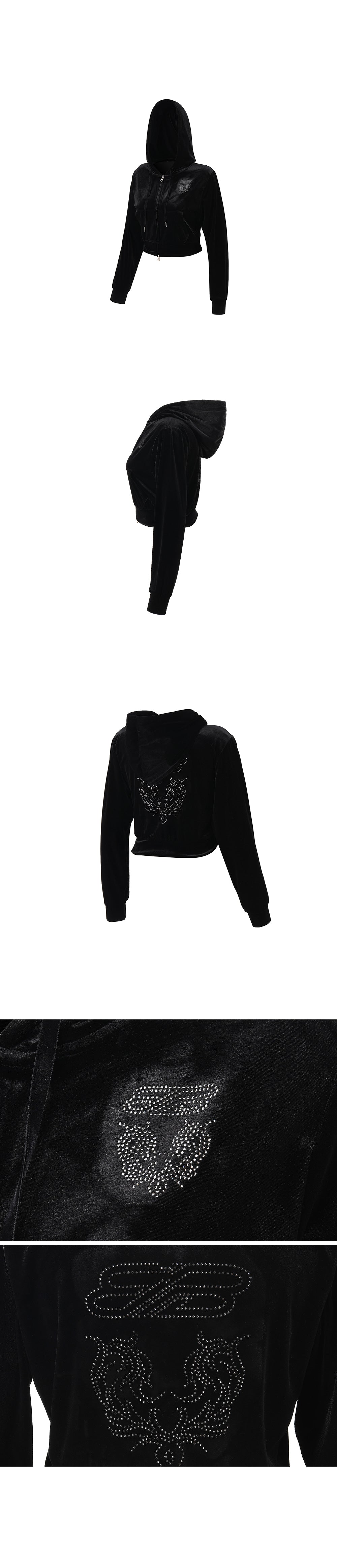 W DOUBLE B VELVET CROP HOODIE ZIP-UP [BLACK]