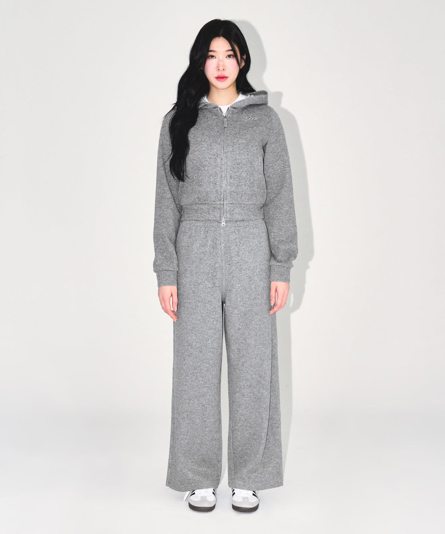 W KNIT LIKE SEMI CROP HOODIE ZIP-UP [MELANGE GREY]