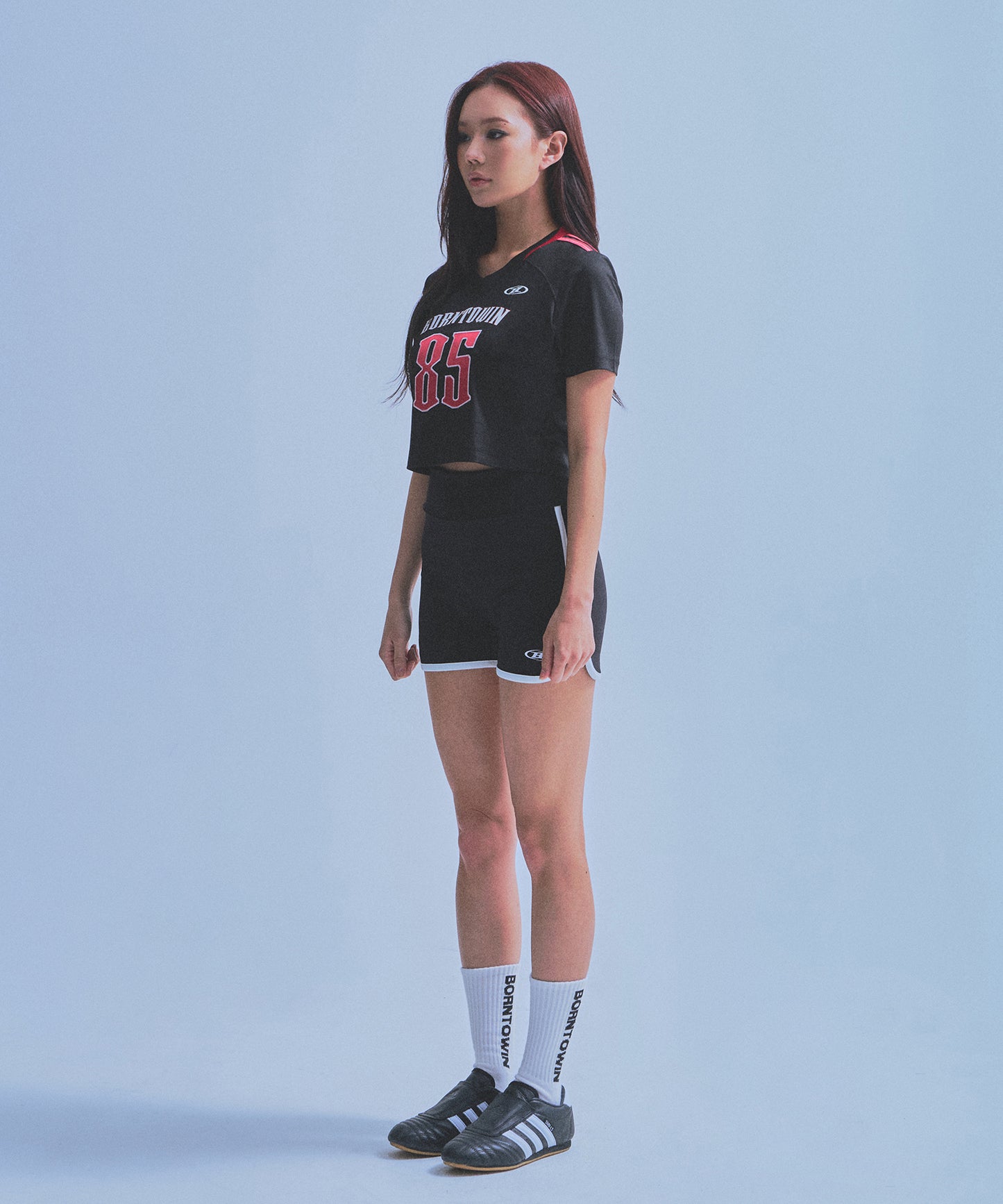 IN STOCK* W RUGBY JERSEY SEMI CROP T-SHIRTS [BLACK]