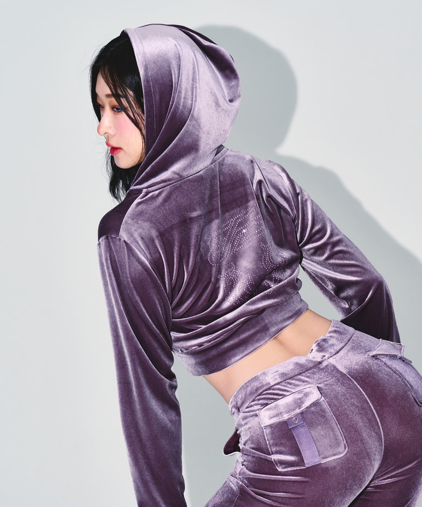 W DOUBLE B VELVET CROP HOODIE ZIP-UP [ASH PURPLE]