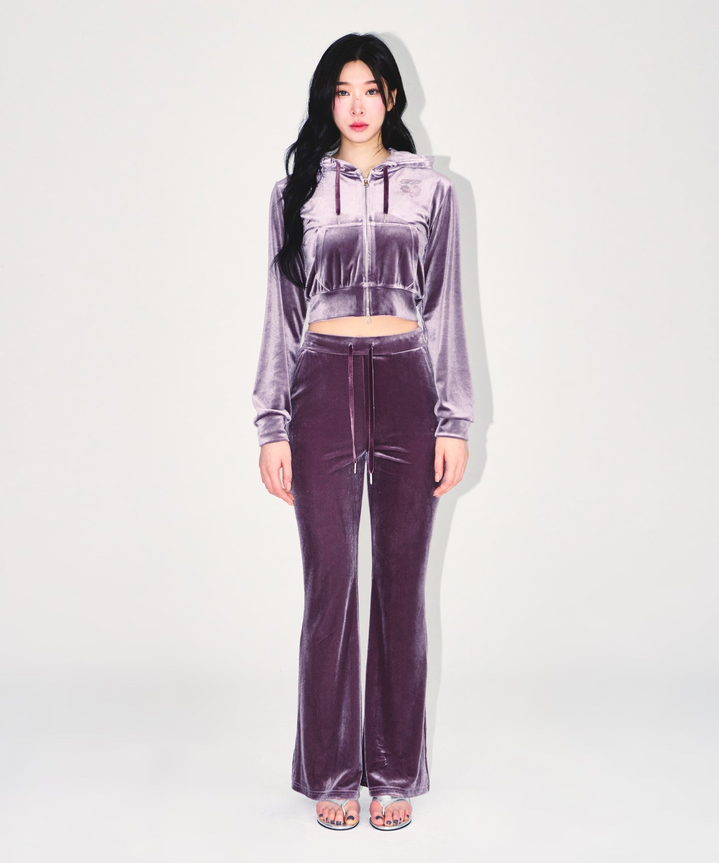 W DOUBLE B VELVET CROP HOODIE ZIP-UP [ASH PURPLE]
