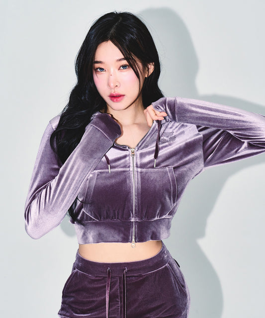 W DOUBLE B VELVET CROP HOODIE ZIP-UP [ASH PURPLE]