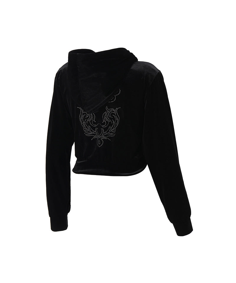 W DOUBLE B VELVET CROP HOODIE ZIP-UP [BLACK]