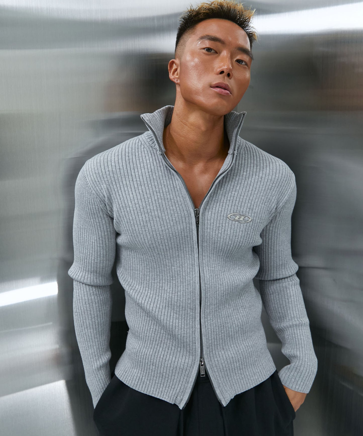 MUSCLE FIT FULL ZIP-UP KNIT [MELANGE GREY]