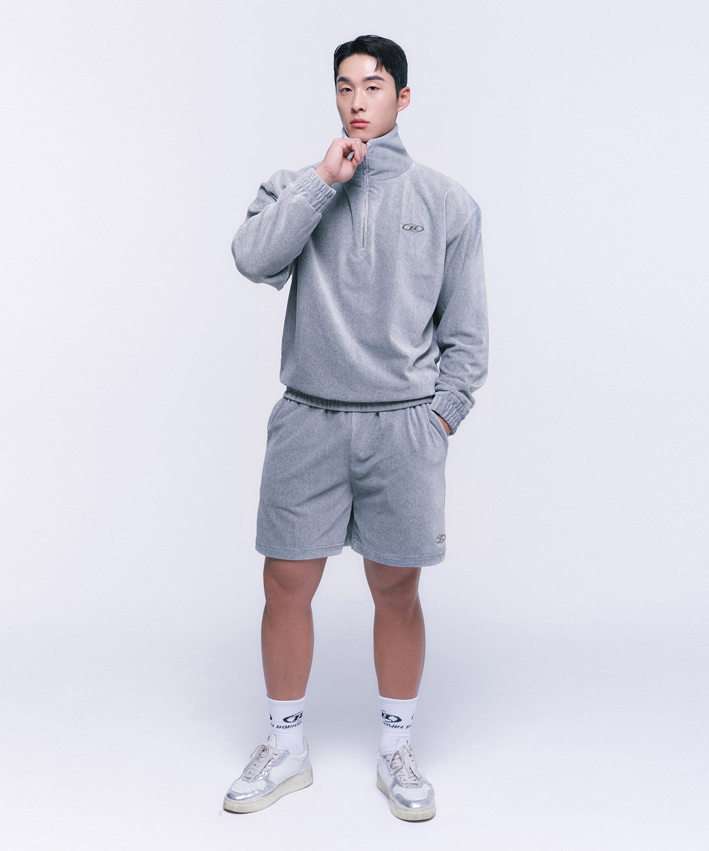 B CHROME VELOUR HALF PANTS [MELANGE GREY]
