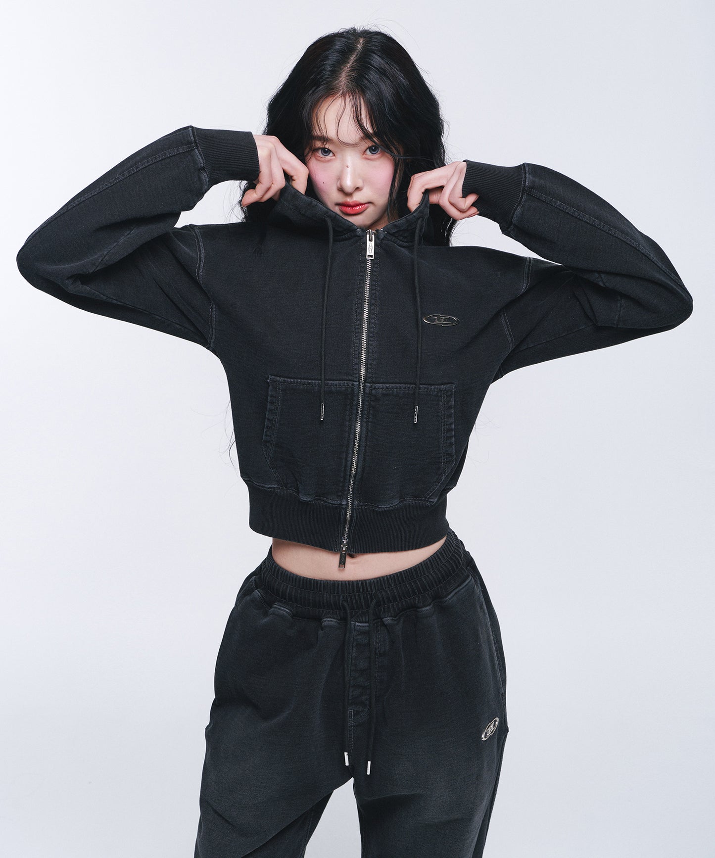 W DENIM LIKE HOODIE ZIP-UP [BLACK DENIM]