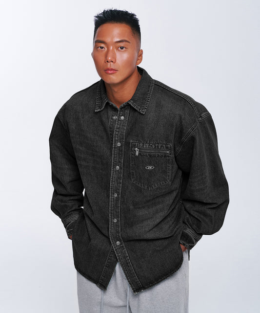 WASHED DENIM OVER FIT SHIRTS [BLACK DENIM]