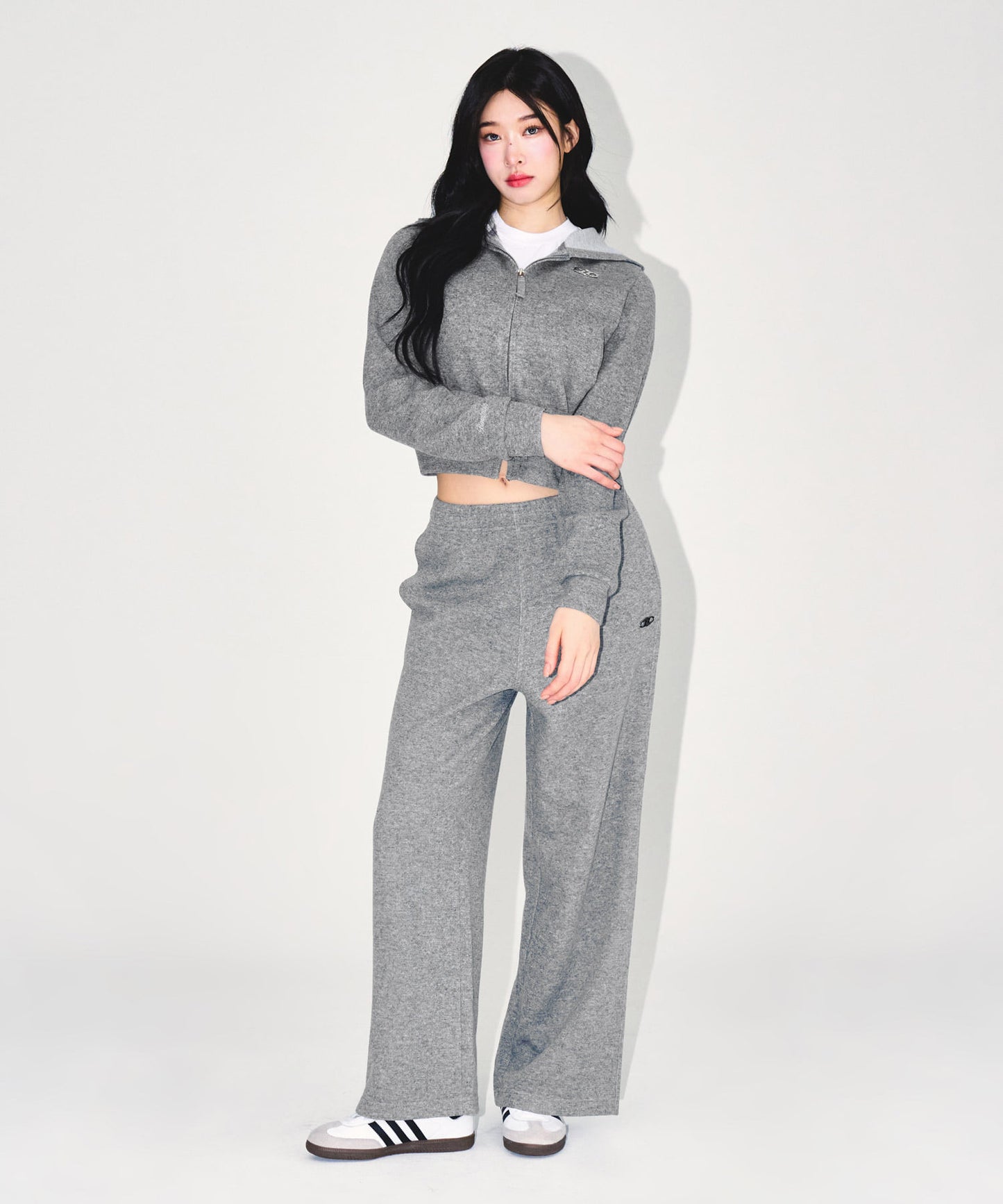 W KNIT LIKE SEMI CROP HOODIE ZIP-UP [MELANGE GREY]