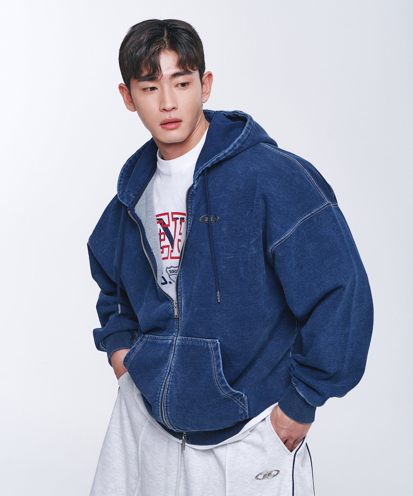 DENIM LIKE HOODIE ZIP-UP [MID DENIM]