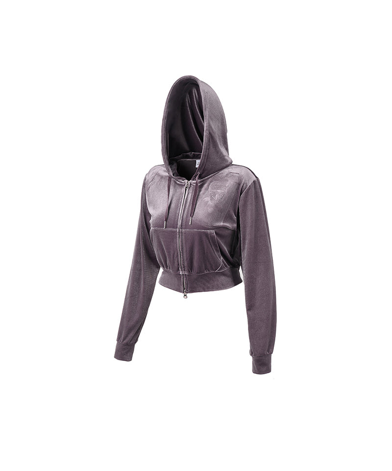 W DOUBLE B VELVET CROP HOODIE ZIP-UP [ASH PURPLE]