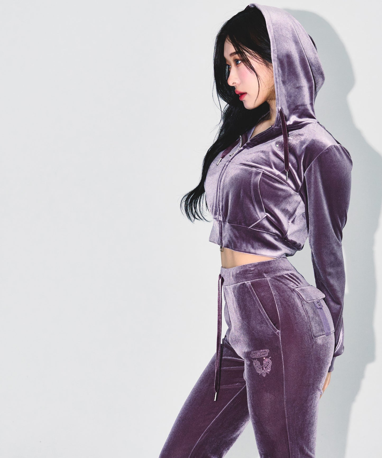 W DOUBLE B VELVET CROP HOODIE ZIP-UP [ASH PURPLE]