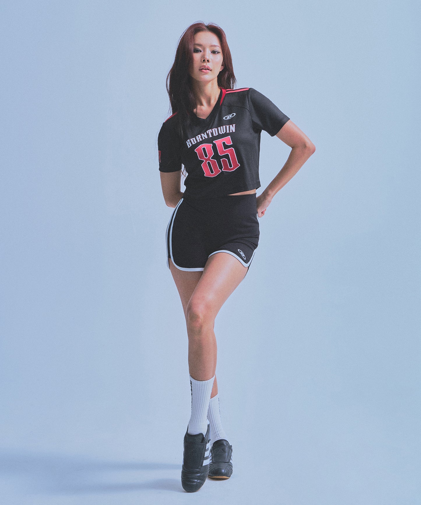 IN STOCK* W RUGBY JERSEY SEMI CROP T-SHIRTS [BLACK]