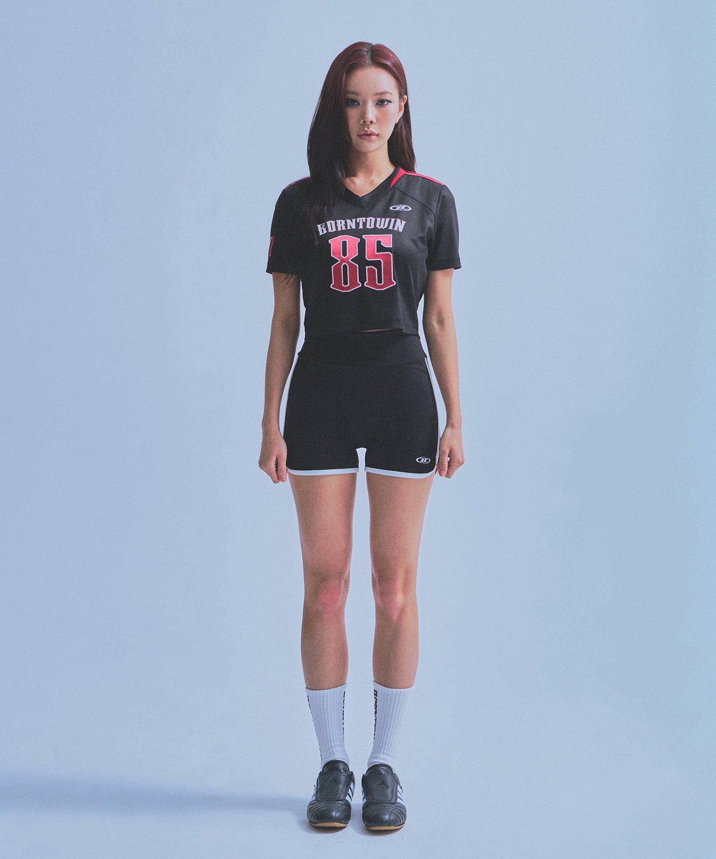 IN STOCK* W RUGBY JERSEY SEMI CROP T-SHIRTS [BLACK]