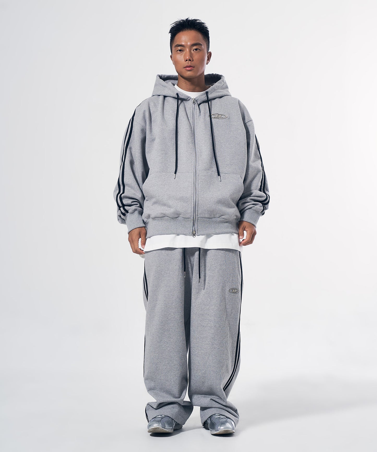 BIG CHROME B LOGO TRACK LINE ZIP-UP HOODIE [MELANGE GREY]