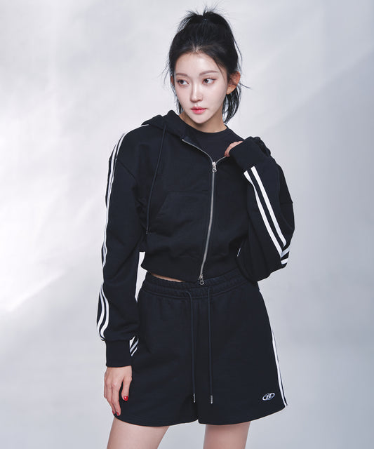 TRACK LINE B LOGO CROP ZIP-UP HOODIE [BLACK]