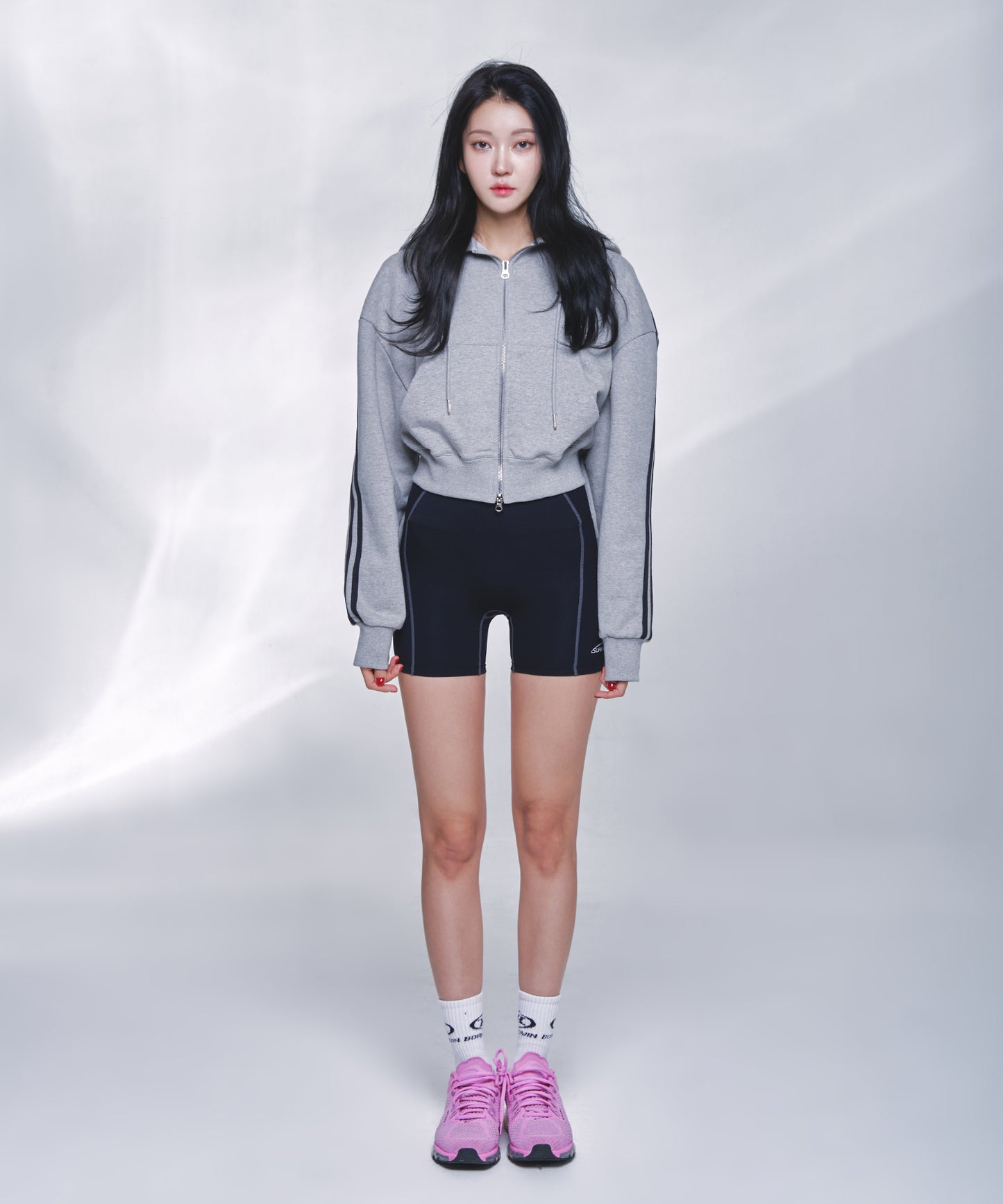 TRACK LINE B LOGO CROP ZIP-UP HOODIE [MELANGE GREY]