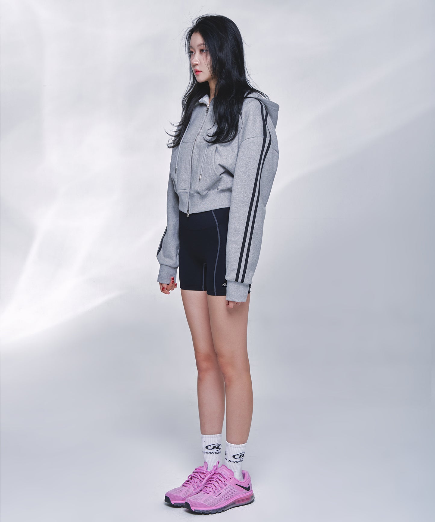 TRACK LINE B LOGO CROP ZIP-UP HOODIE [MELANGE GREY]