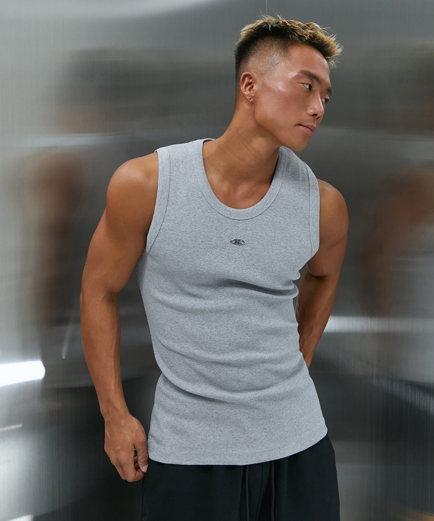 B PENDANT RIBBED SLEEVELESS [MELANGE GREY]