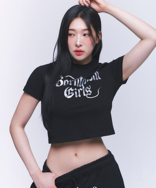 GLITTER B GIRLS CROP T-SHIRTS [BLACK]