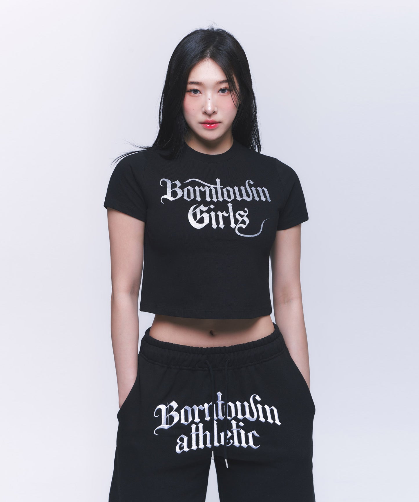 GLITTER B GIRLS CROP T-SHIRTS [BLACK]