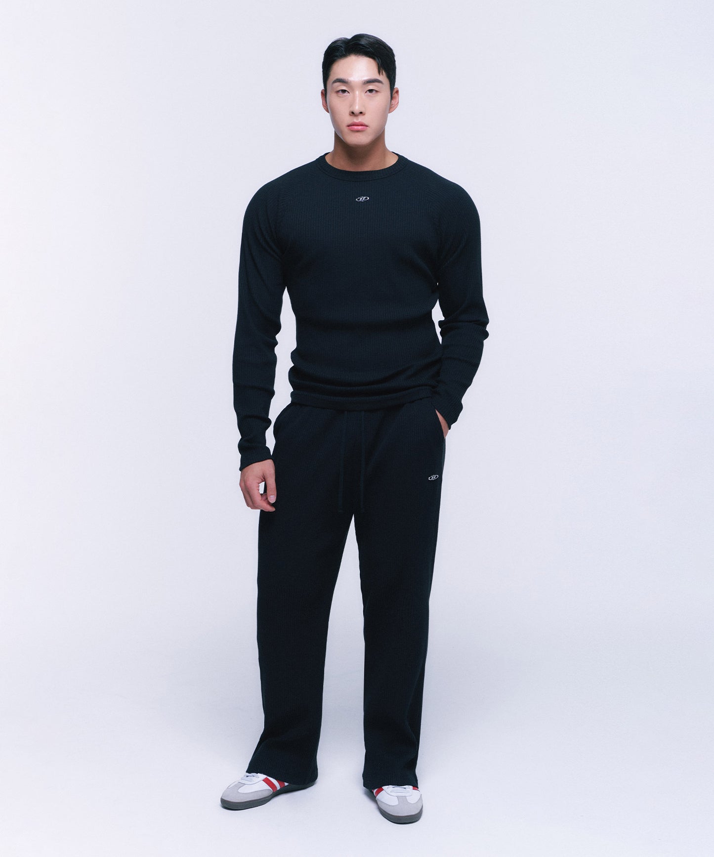 B PENDANT RIBBED SEMI WIDE PANTS [BLACK]