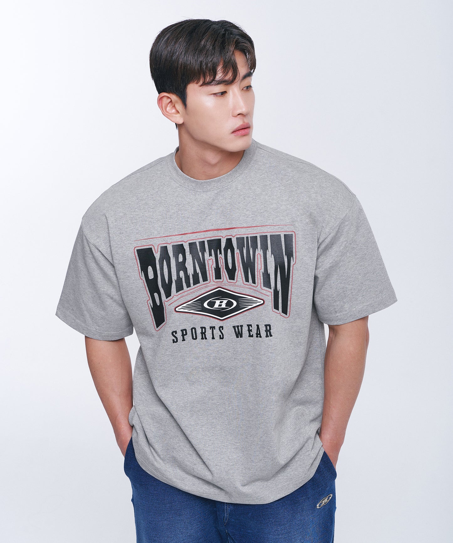 SQUARE ARCH SEMI OVER FIT T-SHIRTS [MELANGE GREY]