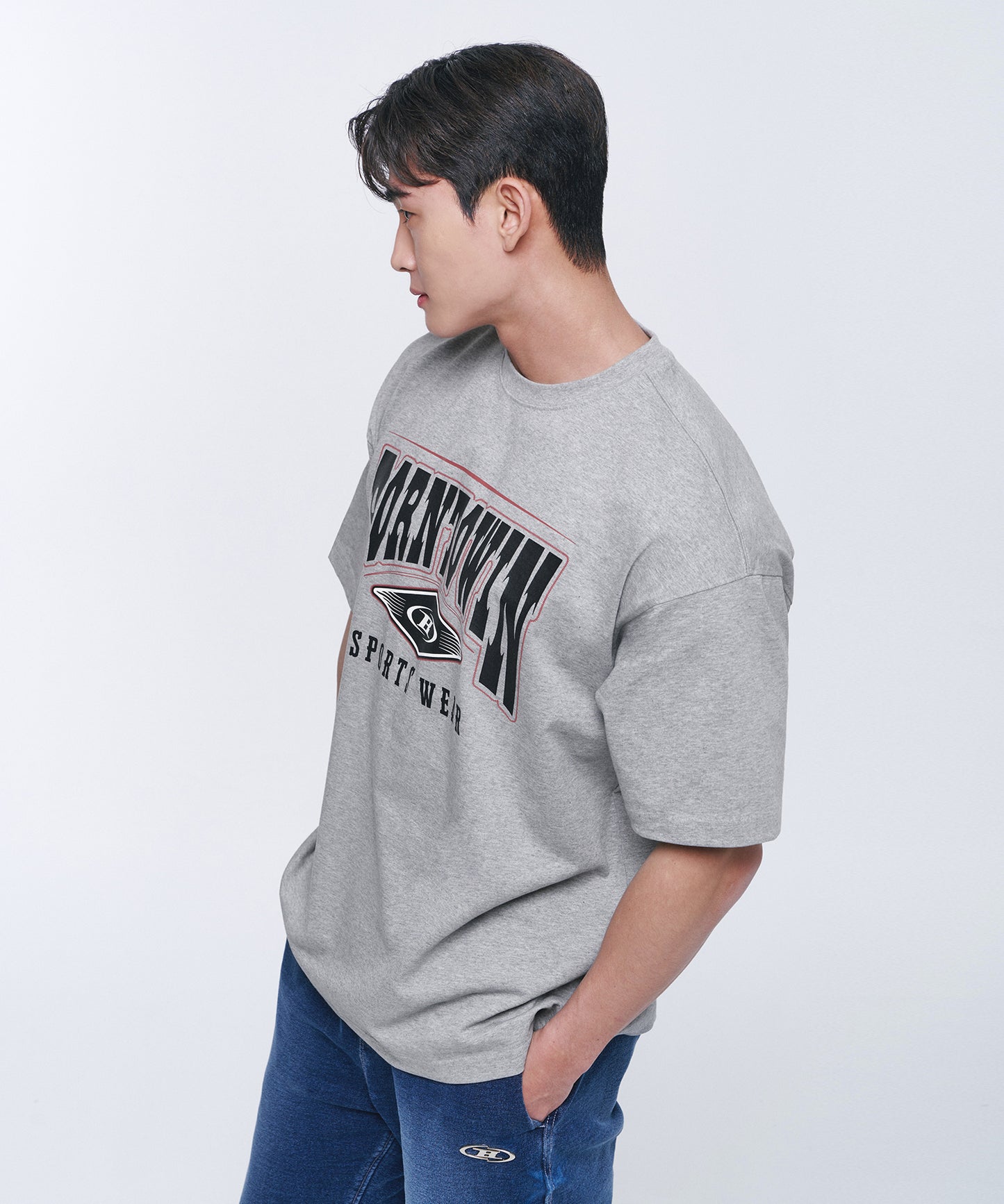 SQUARE ARCH SEMI OVER FIT T-SHIRTS [MELANGE GREY]