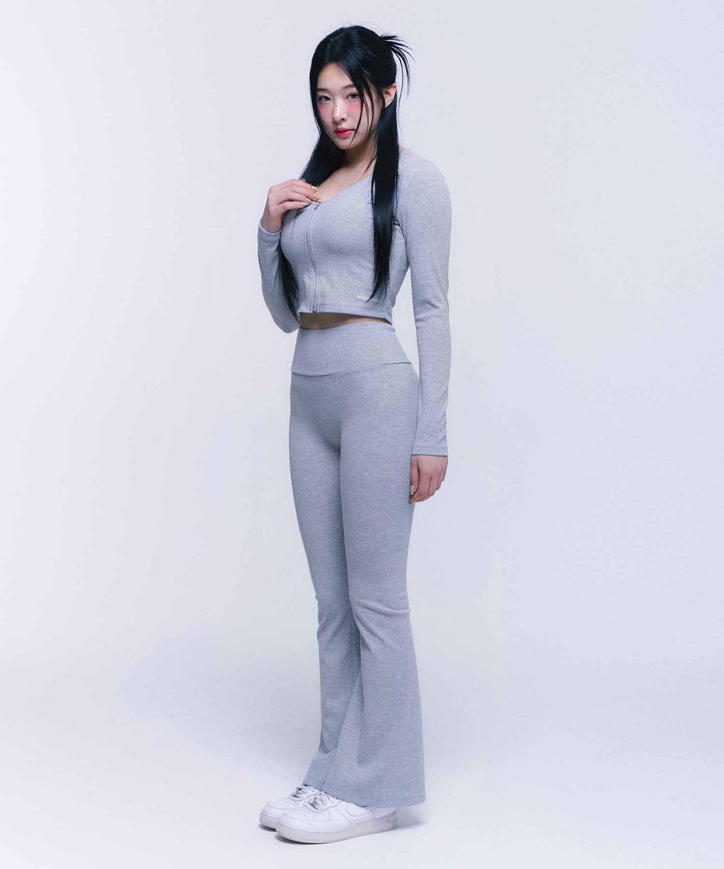 RIBBED SLIM BOOTS CUT PANTS [MELANGE GREY]