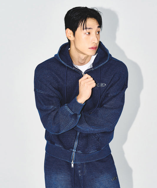 DENIM LIKE HOODIE ZIP-UP [MID DENIM]