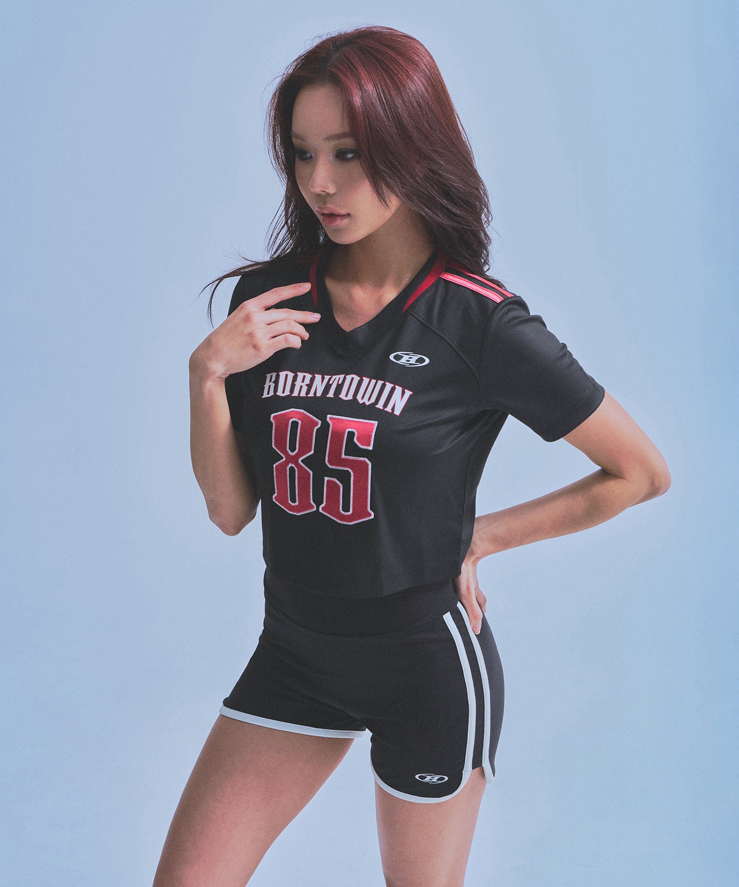 IN STOCK* W RUGBY JERSEY SEMI CROP T-SHIRTS [BLACK]