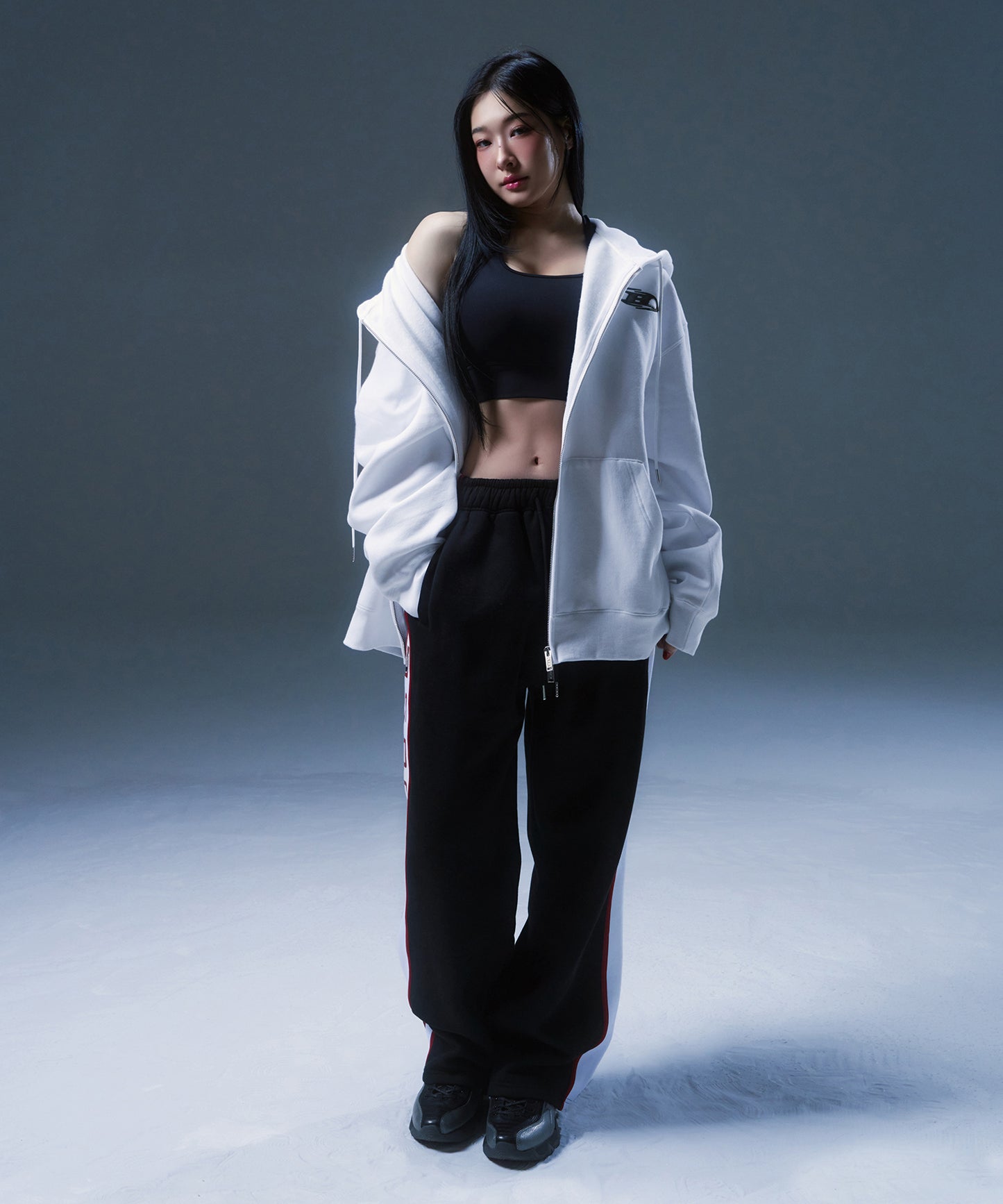 FLEECE CHROME B SPORTS LINE SEMI WIDE PANTS [BLACK]