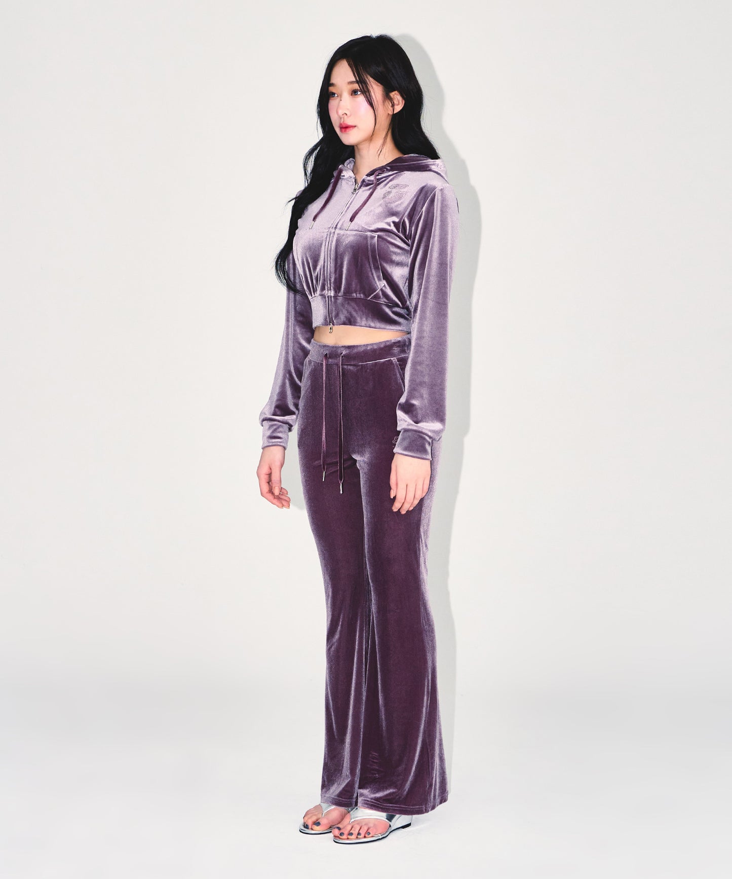 W DOUBLE B VELVET CROP HOODIE ZIP-UP [ASH PURPLE]