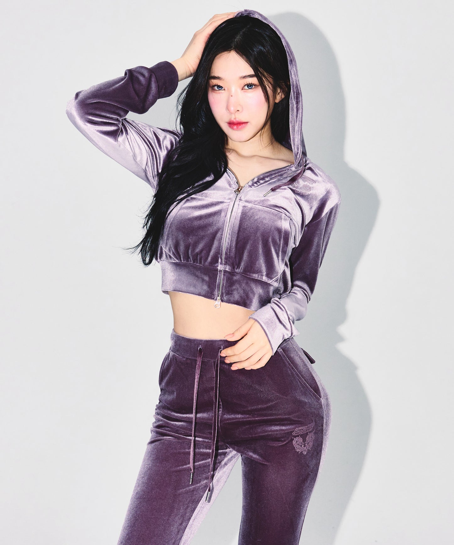 W DOUBLE B VELVET CROP HOODIE ZIP-UP [ASH PURPLE]