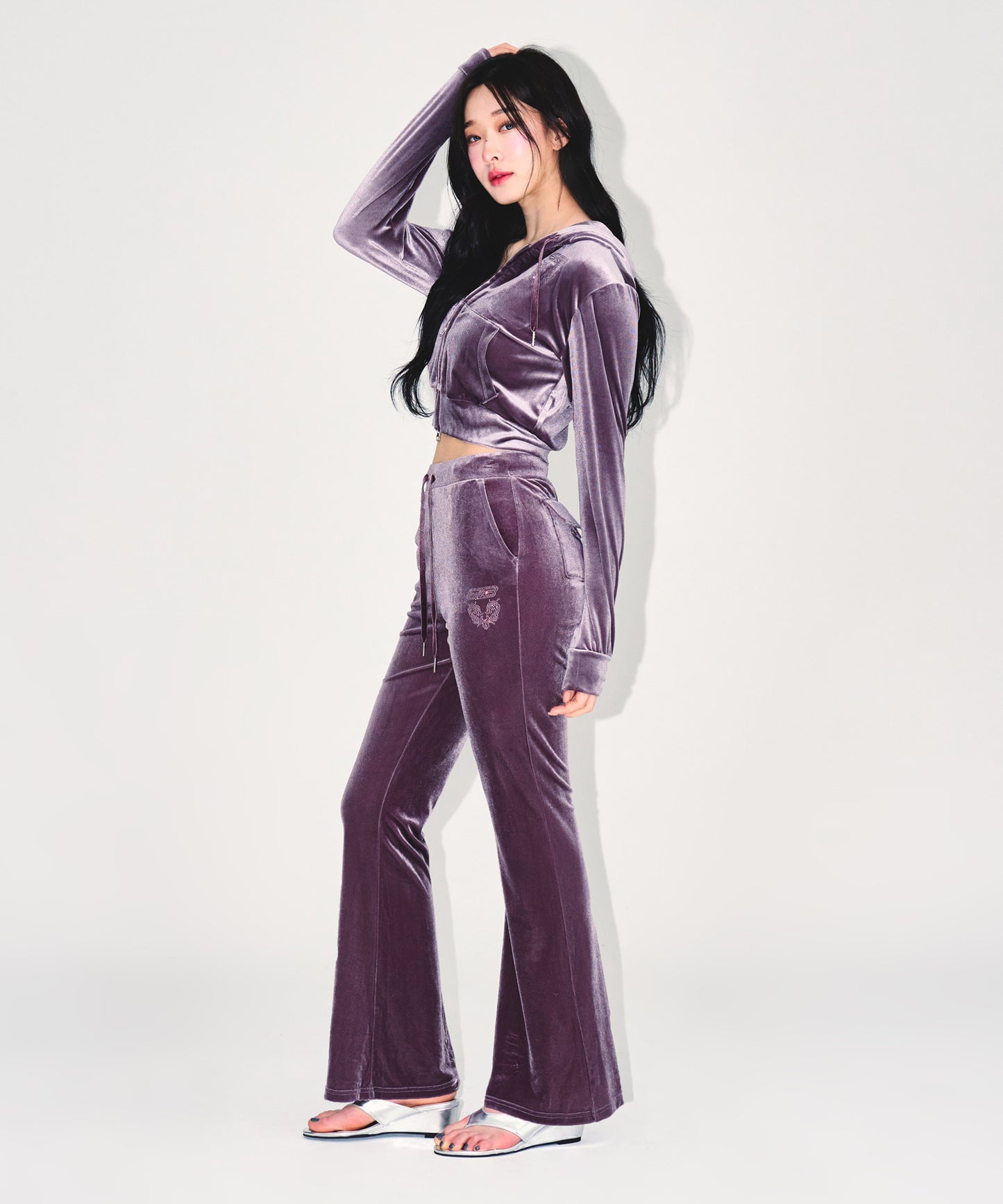 W DOUBLE B VELVET CROP HOODIE ZIP-UP [ASH PURPLE]