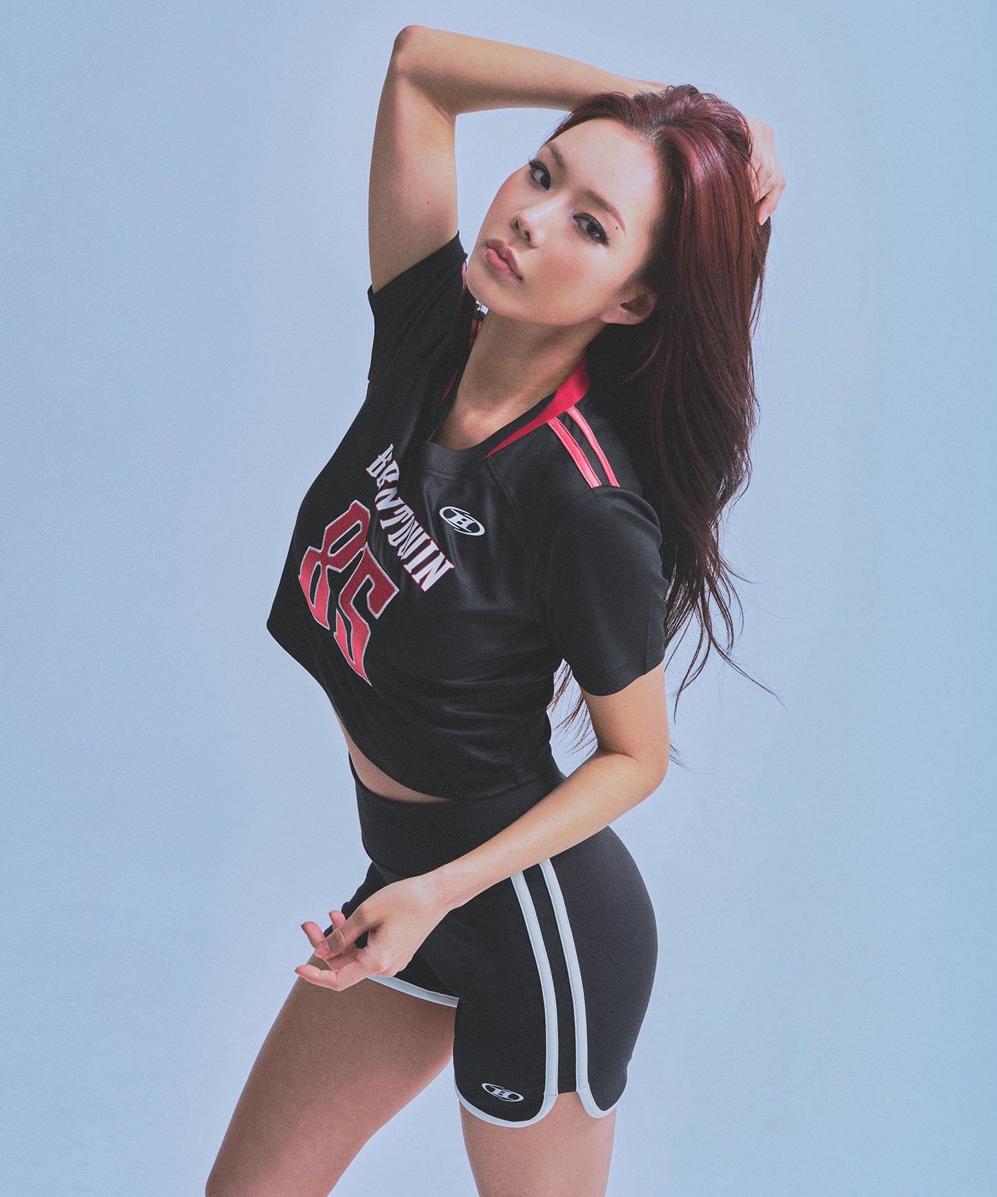 IN STOCK* W RUGBY JERSEY SEMI CROP T-SHIRTS [BLACK]