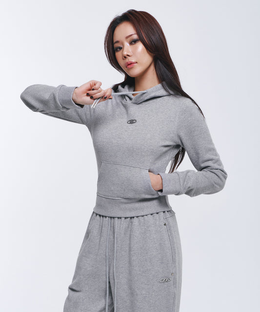 W B PENDANT COTTON CROP HOODIE [MELANGE GREY]
