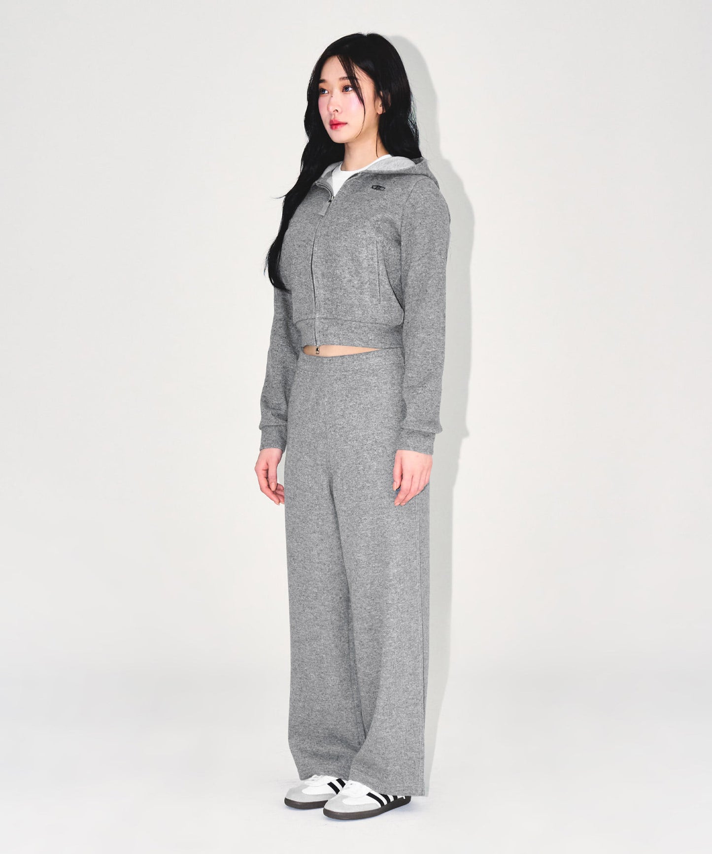 W KNIT LIKE SEMI CROP HOODIE ZIP-UP [MELANGE GREY]