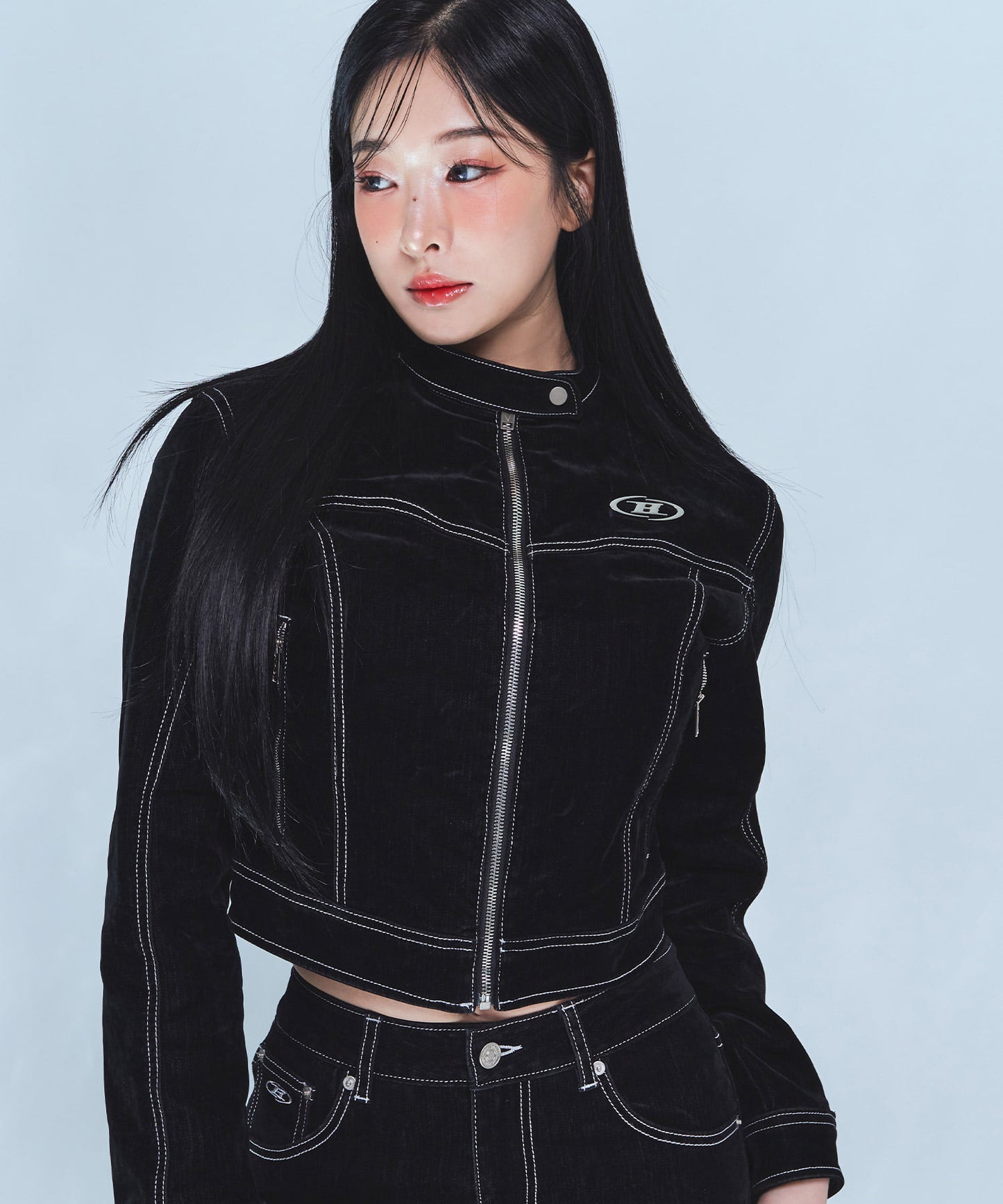 VELVET DENIM CROP JACKET [BLACK]