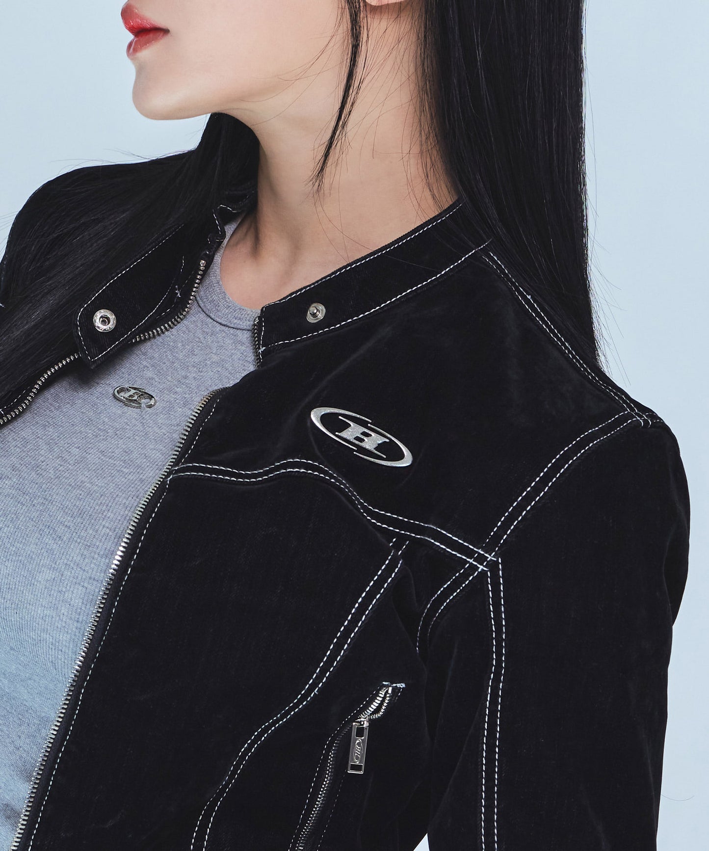 VELVET DENIM CROP JACKET [BLACK]