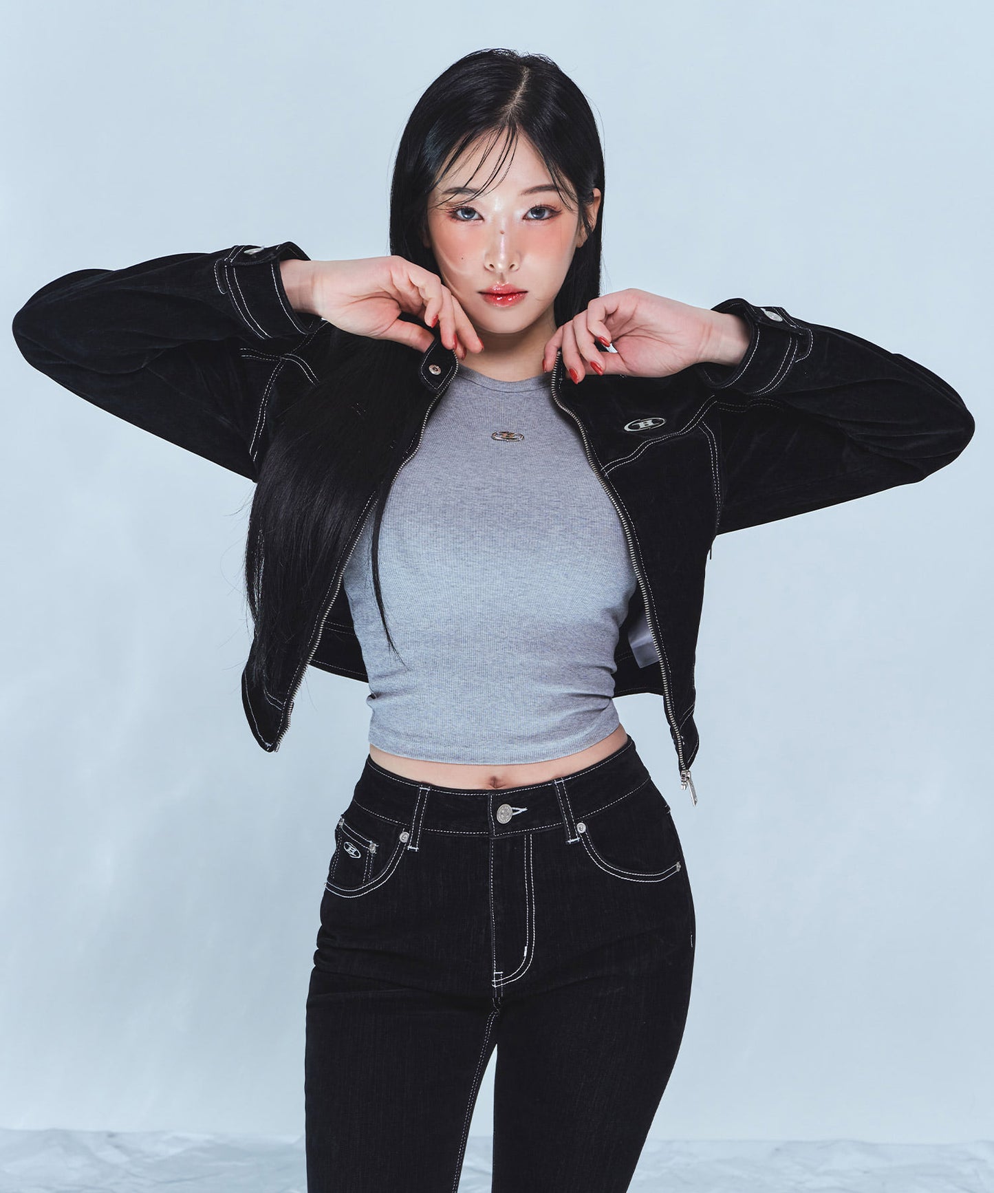 VELVET DENIM CROP JACKET [BLACK]