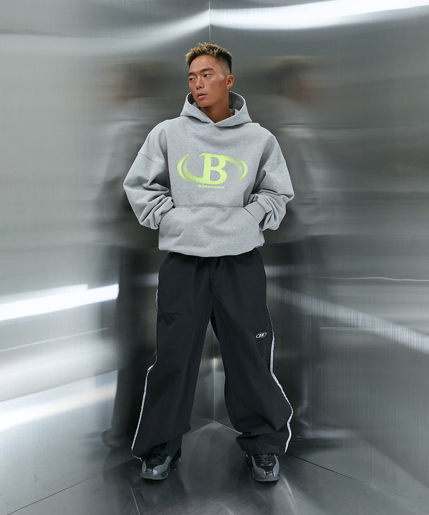 FLASH ON B LOGO HOODIE [MELANGE GREY]