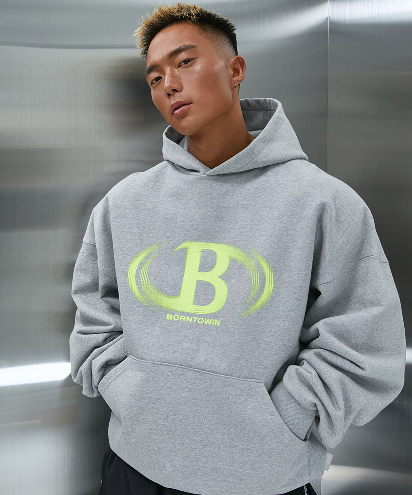 FLASH ON B LOGO HOODIE [MELANGE GREY]