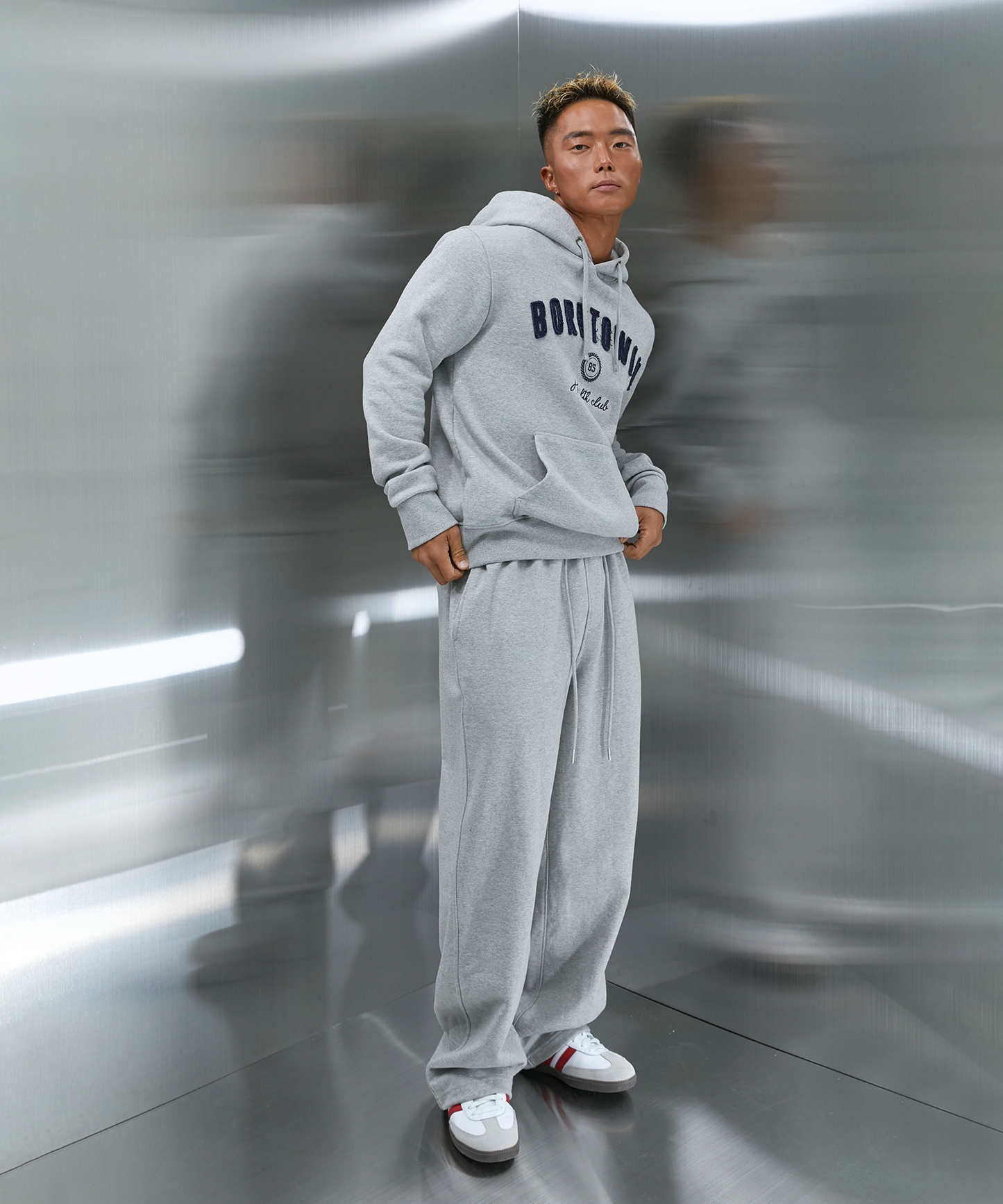 BORNTOWIN PATCH MUSCLE FIT HOODIE [MELANGE GREY]